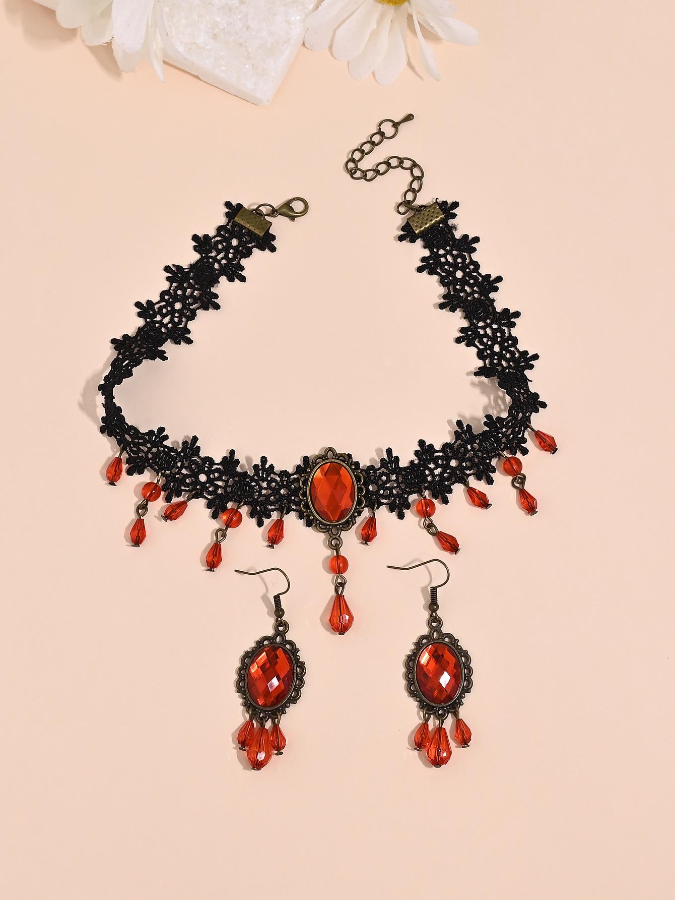 

1 комплект серег-подвесок с кисточками из страз в темном готическом стиле и ожерелье, винтажные богемные кружевные серьги-подвески на цепочке красный