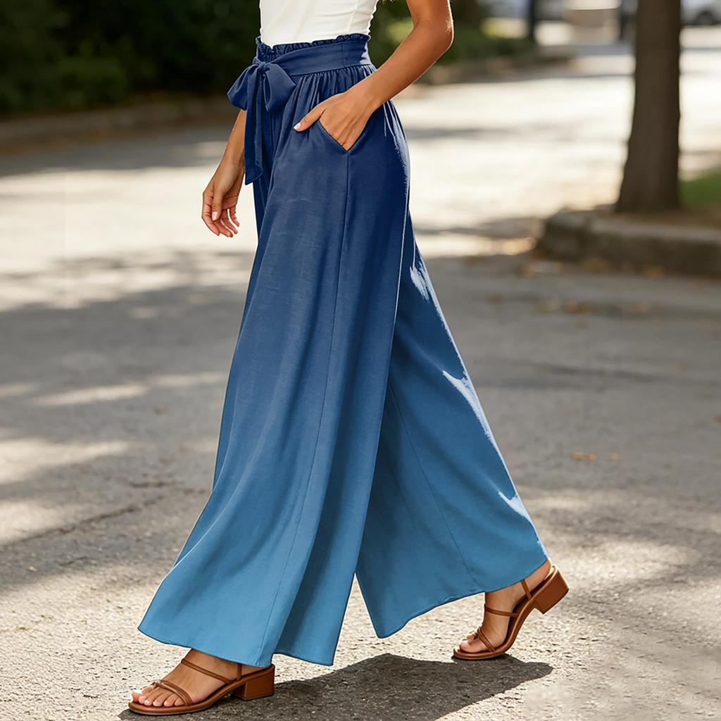 Women's Wide Leg Casual Pants High Waist Tie Belt Loose Fit Lightweight Comfortable Flowing Fabric Bottoms for Everyday Wear