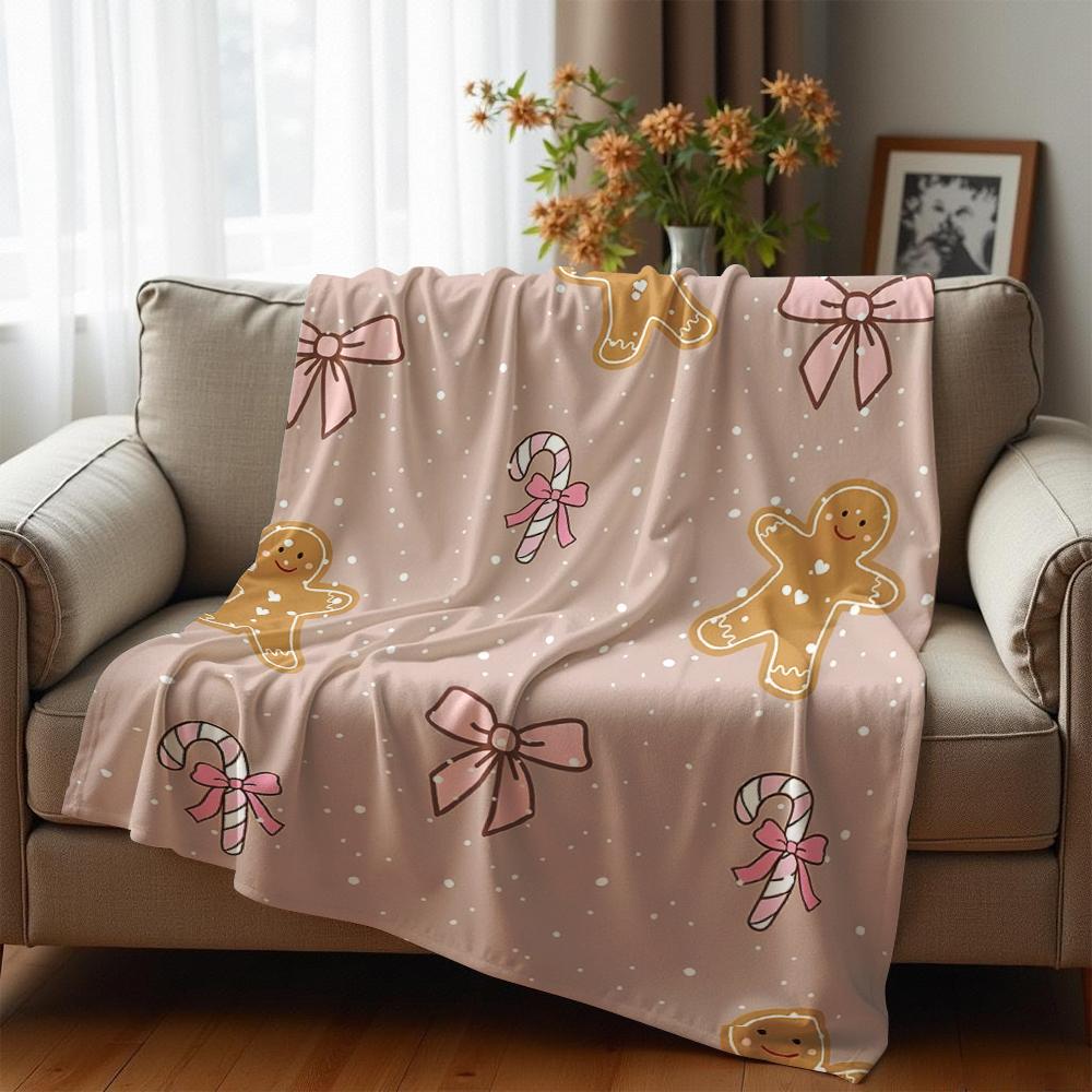 Dusty Pink Gingerbread Bow Anime Cartoon Flannel Blanket Soft Warm Throw for Bedroom Sofa Car Kids Holiday Gift