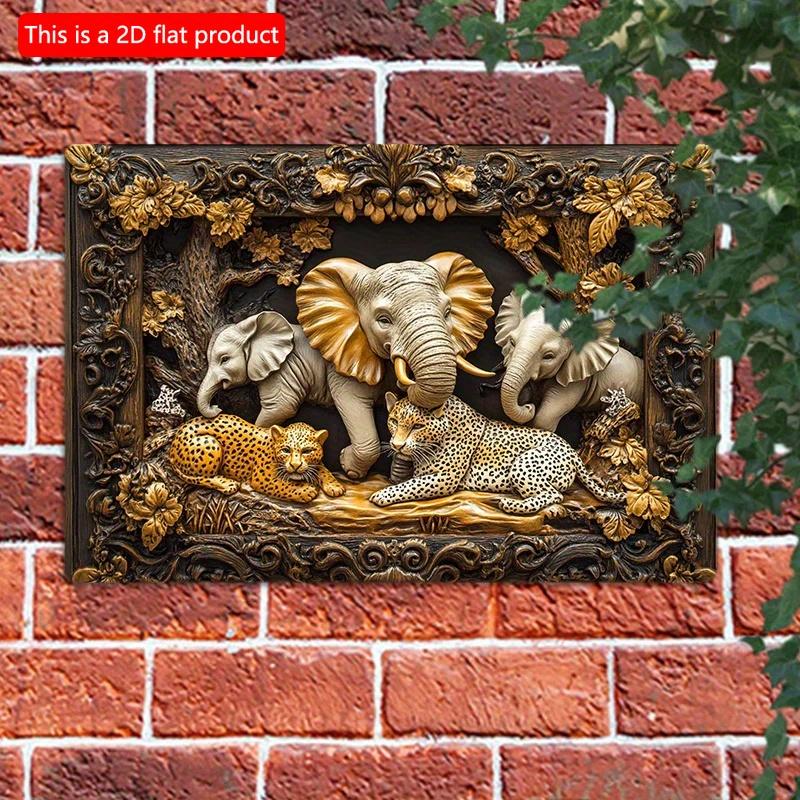 2D Flat Wooden Sign 30*20cm Vintage Elephant & Leopard Jungle Scene Wooden Wall Art, Decorative Sign for Home, Office, or Outdoor Decor, Perfect Room