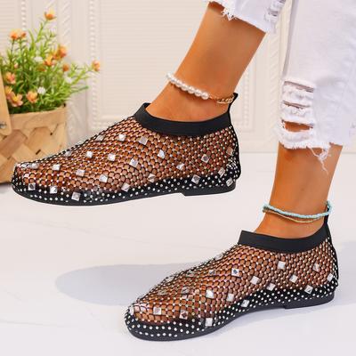 Flache Schlupfsandalen für Damen im Sommer, modische runde Zehenpartie, luxuriöse Strass-Designer-Mesh-Höhle, atmungsaktive flache Schuhe für Damen