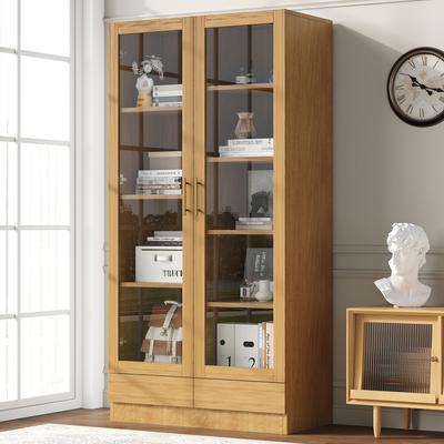 Glass Display Cabinet (Office Cabinet/Bookshelf) – Staggered, Non-Adjustable Shelves, Handleless Push-To-Open Drawers, 80*40*160 Cm, Wood Color