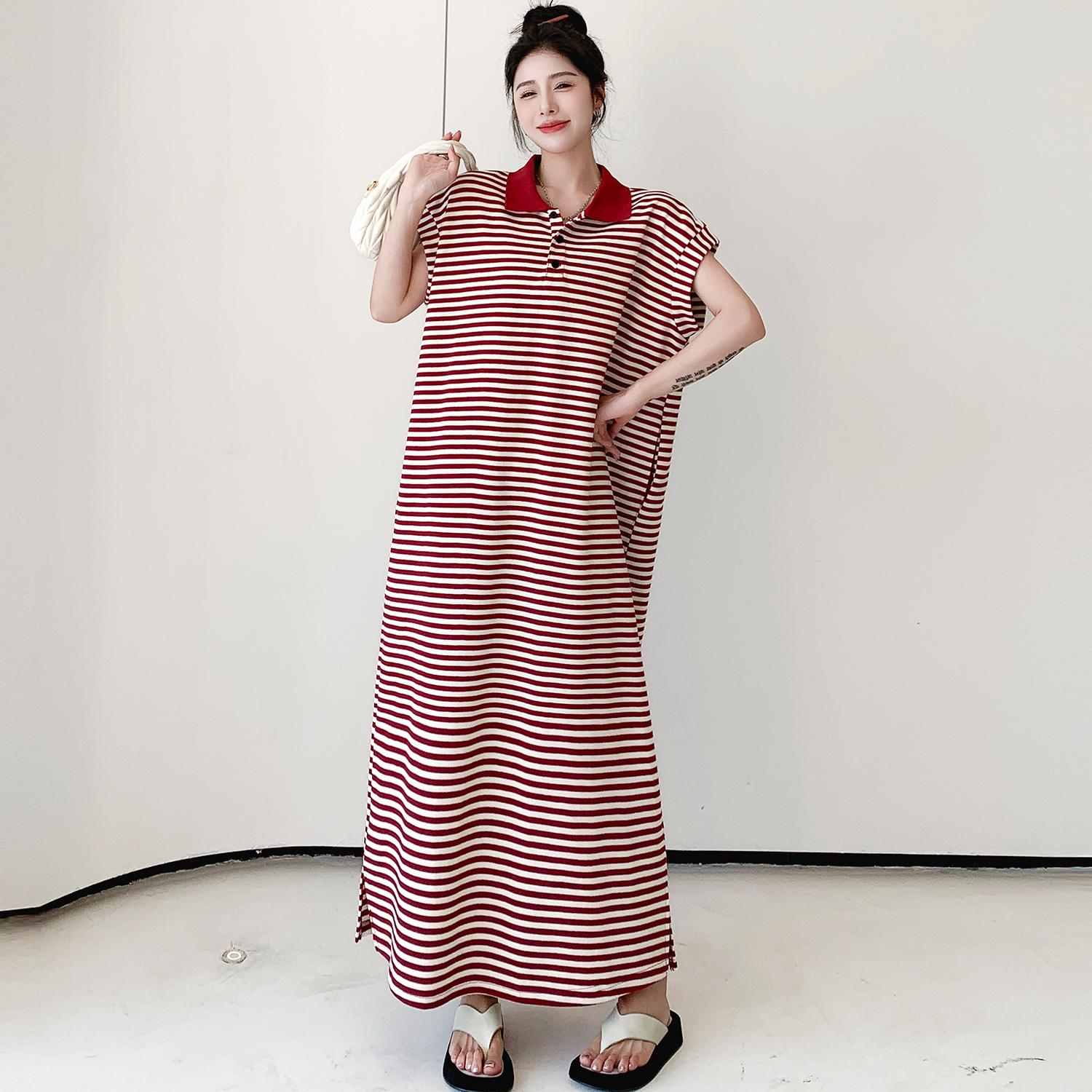 

DIMANAF Plus Size Women 2025 Новое летнее длинное платье большого размера Повседневное свободное платье Полосатые длинные платья с коротким рукавом L красный