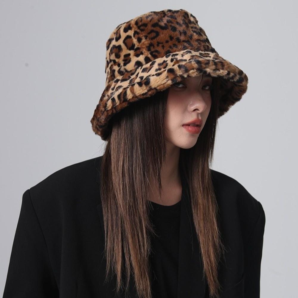 Thicken Women Plush Bucket Hat Korean Style Winter Warm Hat Leopard Print Bucket Hat  Outdoor