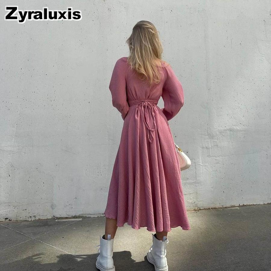 New Autumn Sexy Slit Dress for Women, Long Wrinkle Fabric Midi Skirt Female French Style Long Sleeve Square Neck Dress