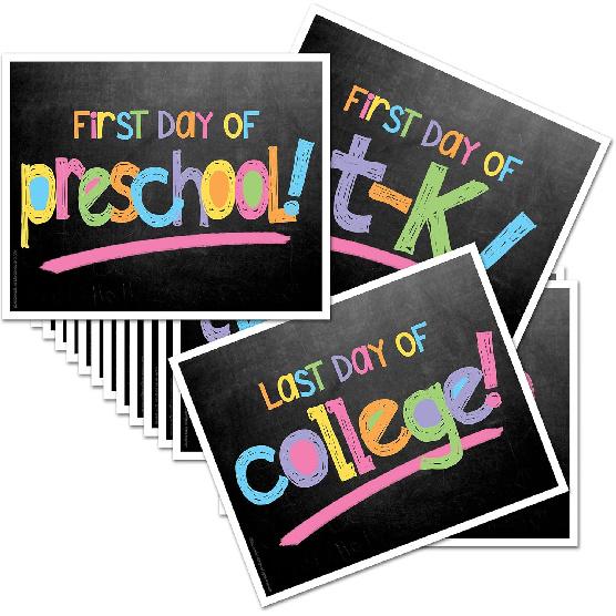 First Day & Last Day of School Photo Prop Signs, 8 x 10 , Primary Flags Chalkboard, 17-Grade: Preschool, Pre-K, T-K, Kindergarten, 1st-12th Grades to Pastel Chalk Text (17 Gra