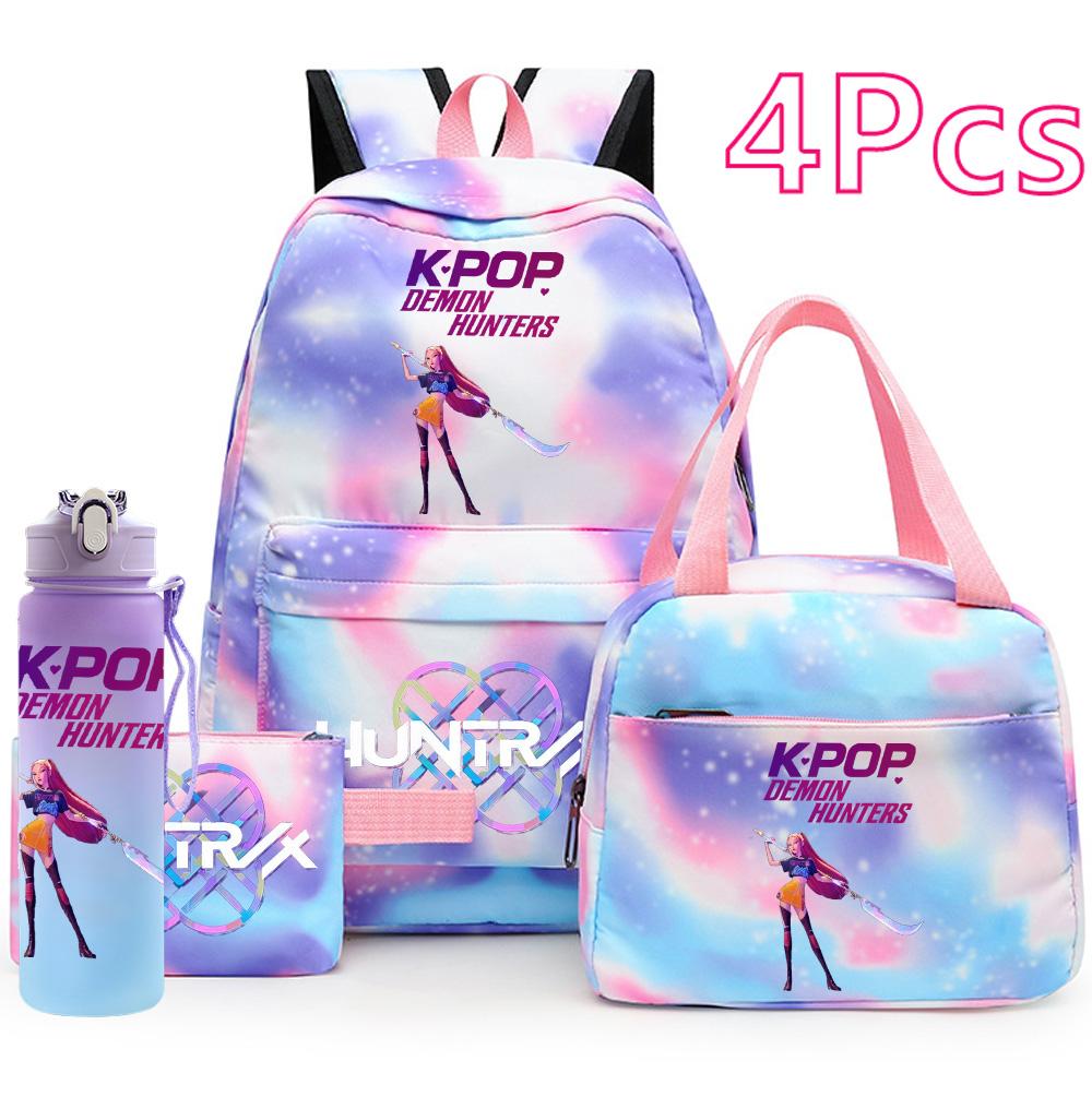 4Pcs/set Anime K-Pop Printed Backpack Handbag Pencil Case with 750Ml Water Bottler for Teenager Boy Girl Schoolbag Large Capacity Bookbag Mochila