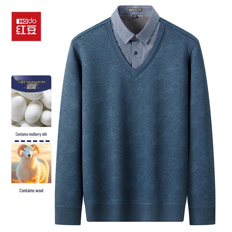 Men s Fleece-Lined Faux Two-Piece Knit Pullover with Shirt Collar 2XL