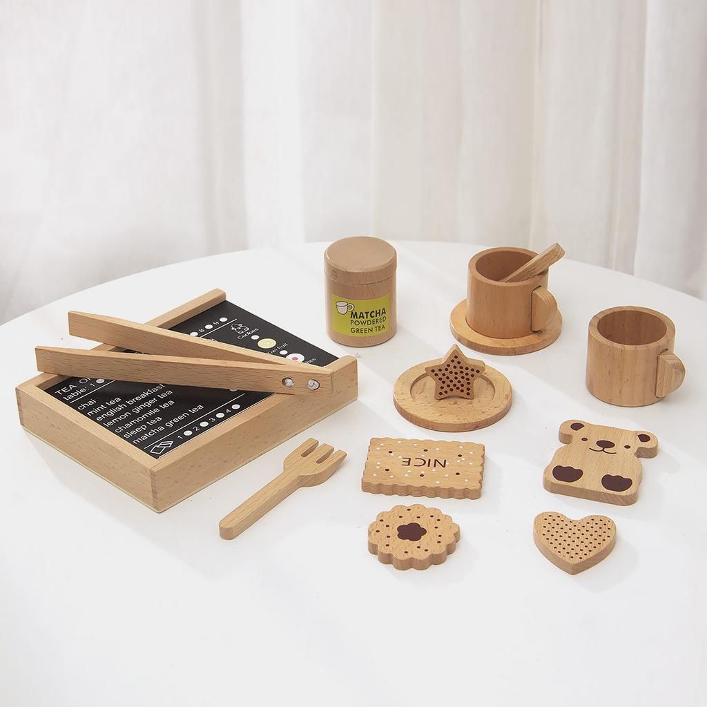 Children's Wooden Simulation Kitchen Afternoon Tea Pastry Dessert Cutchery Set Play House Solid Wood Teapot Cup Toy