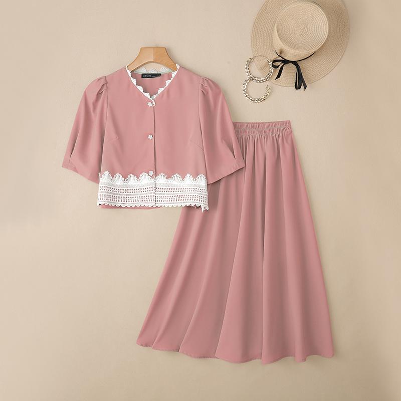 

ZANZEA Женский летний комплект из двух частей: блузка с коротким рукавом и длинные юбки 5XL розовый