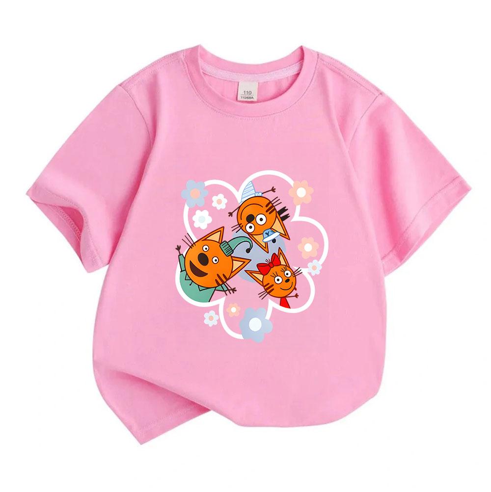 Kids Boys Girls 100% Cotton Short Sleeve Crew Neck T-Shirt, Cute Orange Cartoon Kitten Family Pattern Casual Soft Breathable Tees for Toddler Children