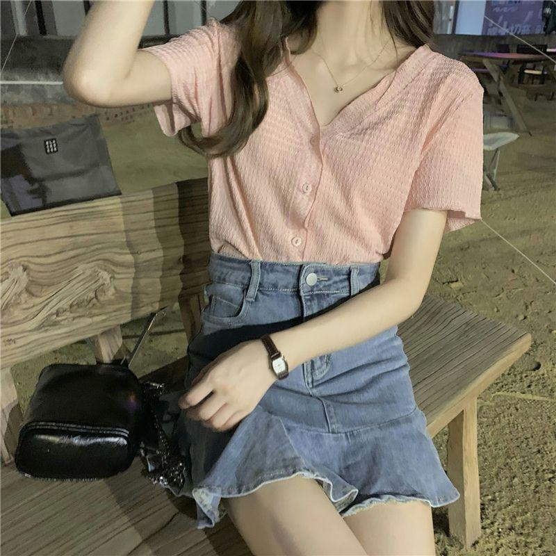 

Женская рубашка с короткими рукавами и французским V-образным вырезом, с милым и шикарным дизайном, короткий топ one size розовый