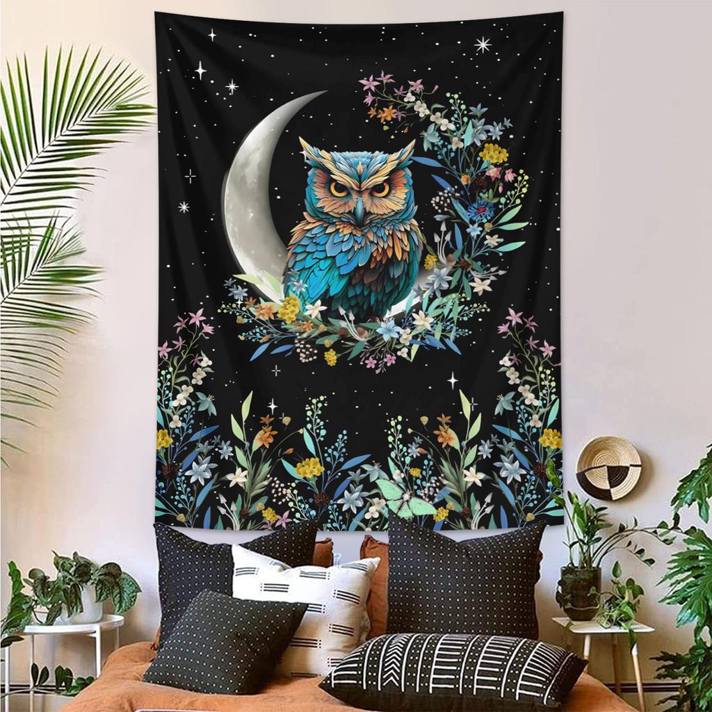 1pc Bohemian Owl Floral Aesthetic Tapestry, Moon and Starry Sky Tapestry, Cute Owl Plant Floral Plant Room Tapestry