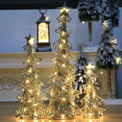 Arbre de Noël en Fer Forgé Lumière LED Paillettes Champagne Ornements de Table Arbre de Noël Artificiel Bureau
