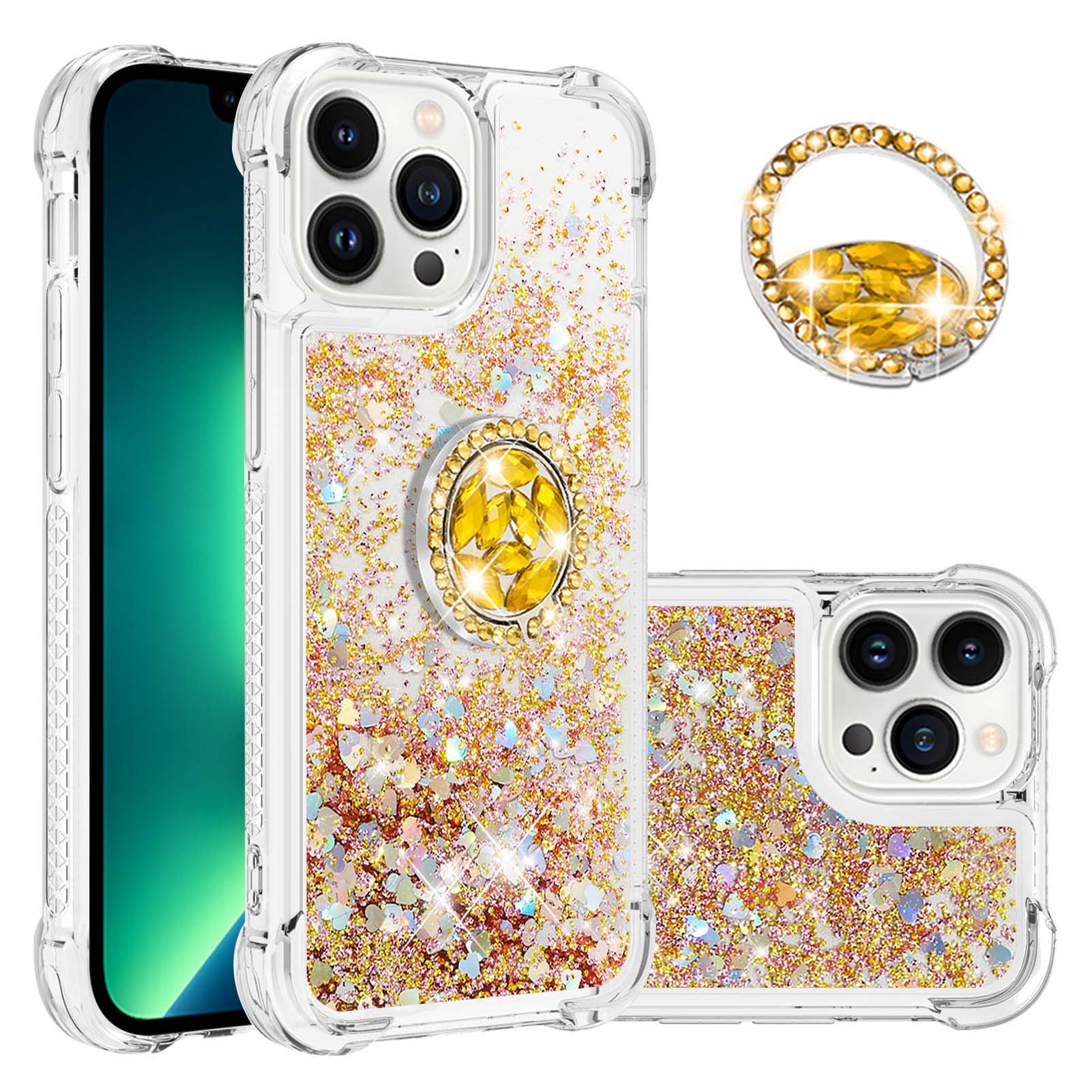 

For iPhone 14 Pro TPU Case with Kickstand Quicksand Shockproof Cover Gold/Hearts
