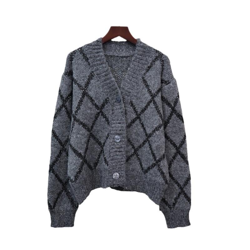 Rhombus sequined knitted cardigan women's autumn and winter new loose and versatile soft waxy design sweater jacket