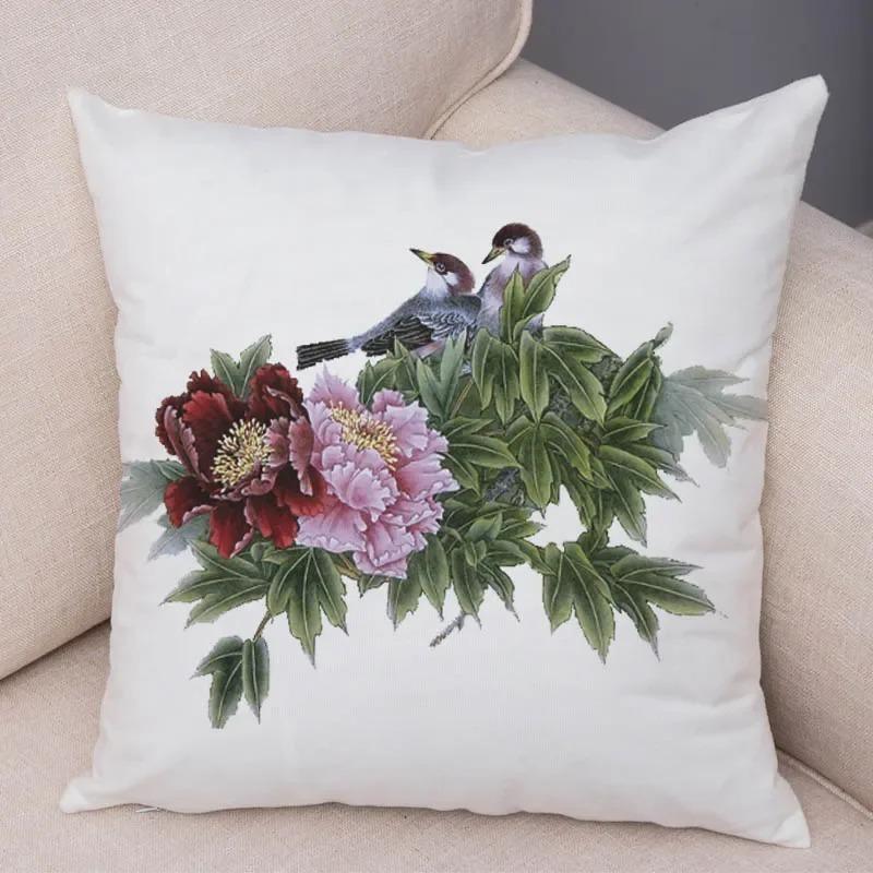 

Watercolor Floral Sparrow Decorative Pillowcase Office Living Room Car Ornaments Home Pillowcase 50x50cm