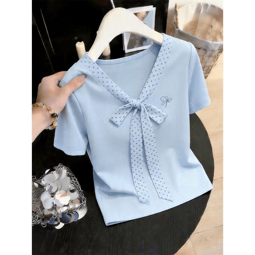 Korean polka dot v-neck short front shoulder short-sleeved t-shirt women's summer new design slim-fit small top trend