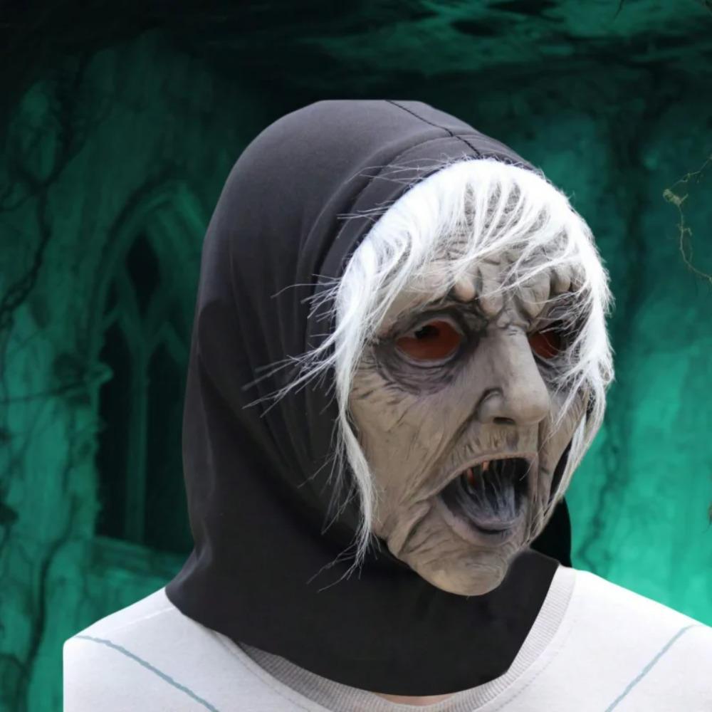 Dress Up White-haired Witch Mask Latex Party Cosplay Props Halloween Ghost Witch Mask  Unisex