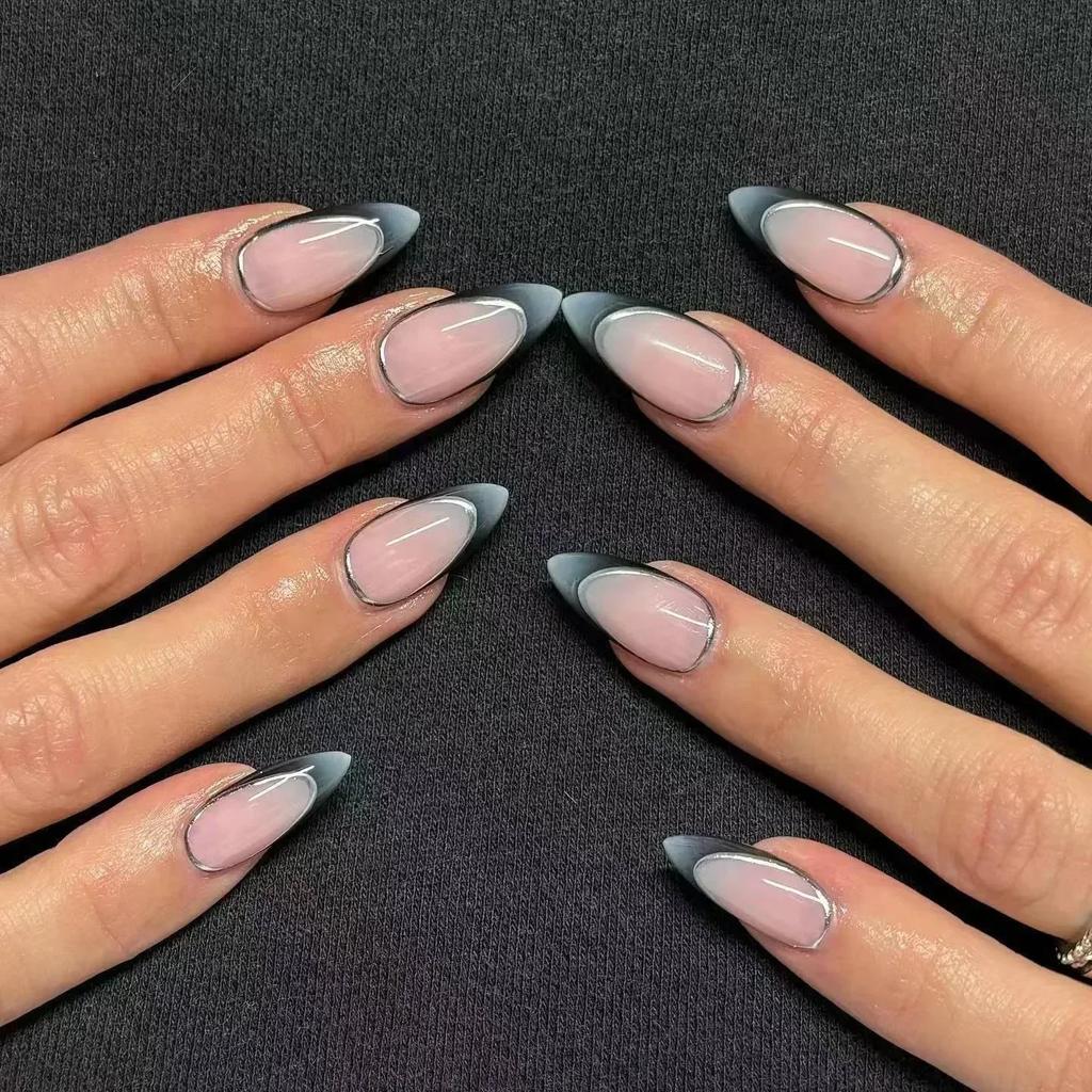 24Pcs French Almond False Nails Pink Stiletto Press On Nails With White Edge Design And Glue Simple Wearable Nail Tips