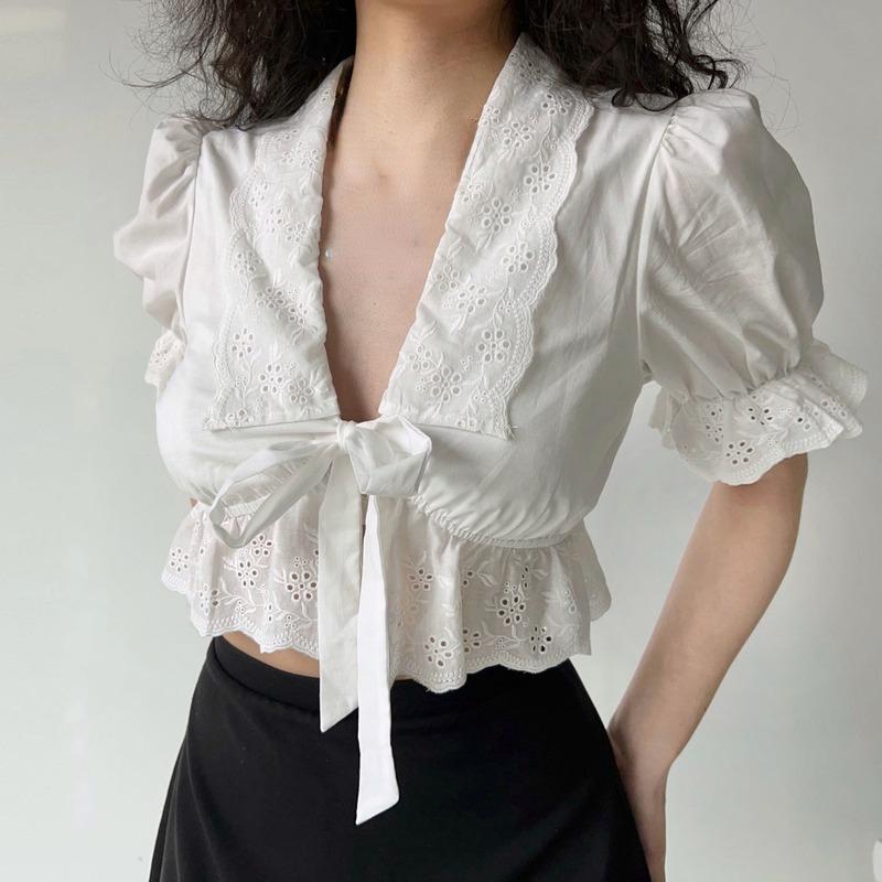 

Белая рубашка, женский укороченный топ, сексуальный вырез, элегантная блузка с пышными рукавами и v-образным вырезом и бантом на шнуровке, летняя милая короткая рубашка