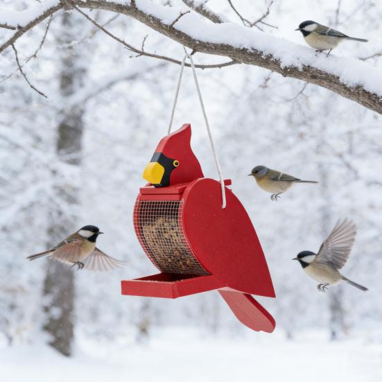 Wood Bird Feeder Red Bird Outdoor Hanging Feeder Birdseed Dispenser Attracts Wild Birds for Garden Yard Patio Decoration