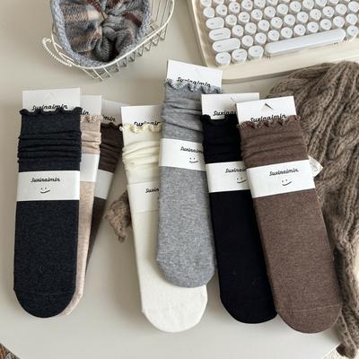 Einfarbige Mid-Calf-Socken mit Fransen aus Mu-Err-Pilz für Herbst und Winter, Knochenlose Casual-Socken im Schulstil für Damen, Reine Baumwolle