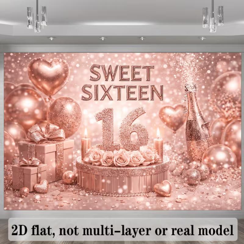 2D Rose Gold Sweet Sixteen Backdrop 16th Birthday Party Background