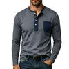 Mens Contrast Color Pocket Long Sleeve Crew Neck Henley Casual T Shirt