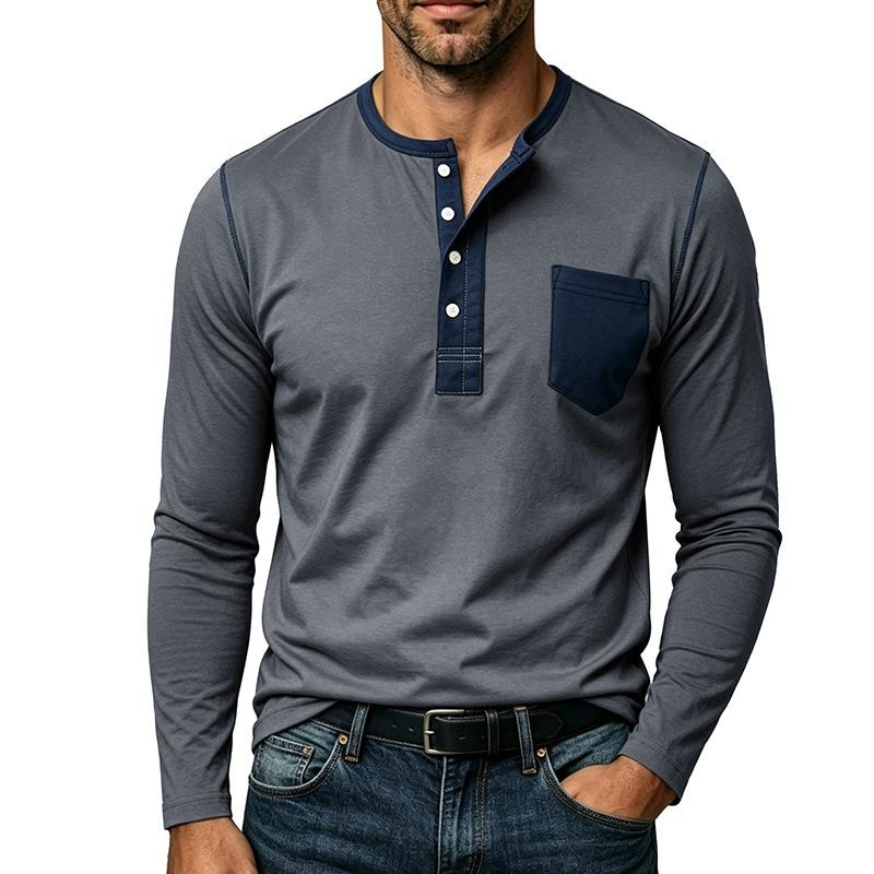 Mens Contrast Color Pocket Long Sleeve Crew Neck Henley Casual T Shirt