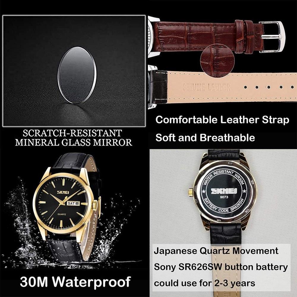 SKMEI Couple Wristwatch Set Men's and Women's Classic Black Leather Waterproof Luxury Watches for Wedding Anniversary Mother's Day Father's Day Gift