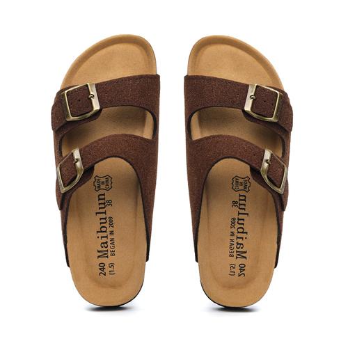 Fashion 2025 New Summer Men's Cork Slippers Suede Leather Mule Clogs Slippers Man Soft Cork Two Buckle Beach Slides Footwear for Men 45