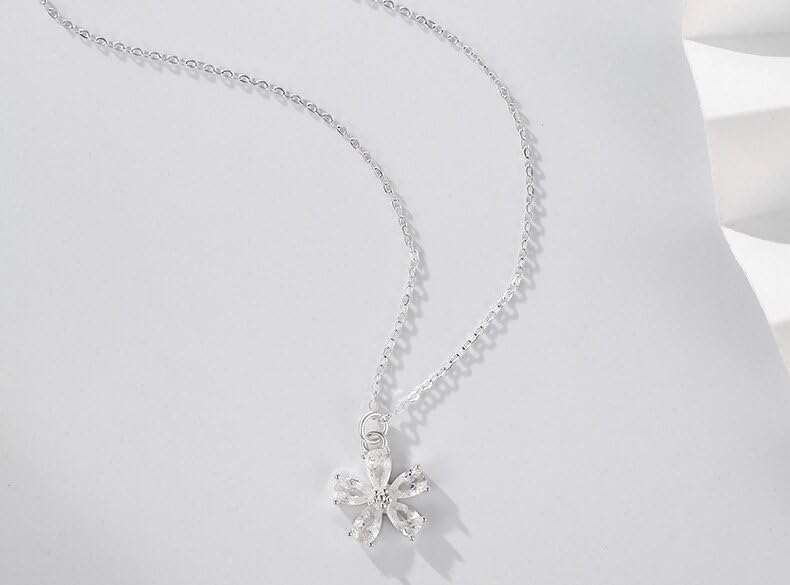 Rockyu brand jewelry - Popular necklace for women, sterling silver (925), pendant, flower design, crystal, Asian ethnic style.