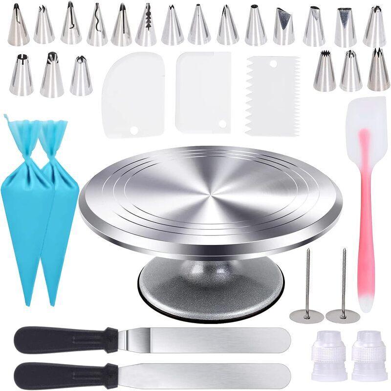 35-Piece Aluminum Turntable Cake Decorating Set with Piping Tips, Scraper, and Spatula