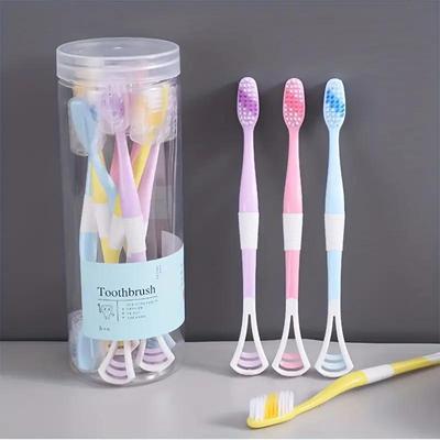 Un coffret de huit brosses à dents à poils ultra-fins adaptées aux gencives sensibles, équipées d'une tête large et d'un gratte-langue