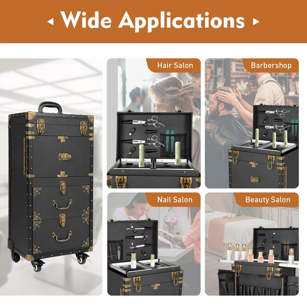 Black Vintage Style Tie Bar Hairdressing Case - 3 Layer Multi Functional Rolling Beauty Tool Storage Box with Wheels for Salon