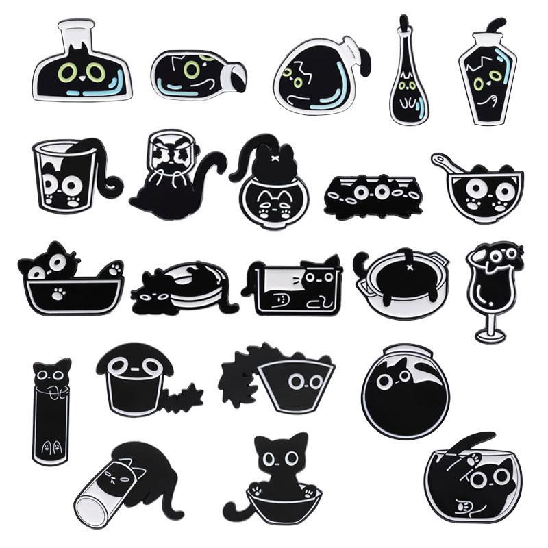 Stylish Cartoon Character Black Cat Brooches Set Charming Metal Accessories For All
