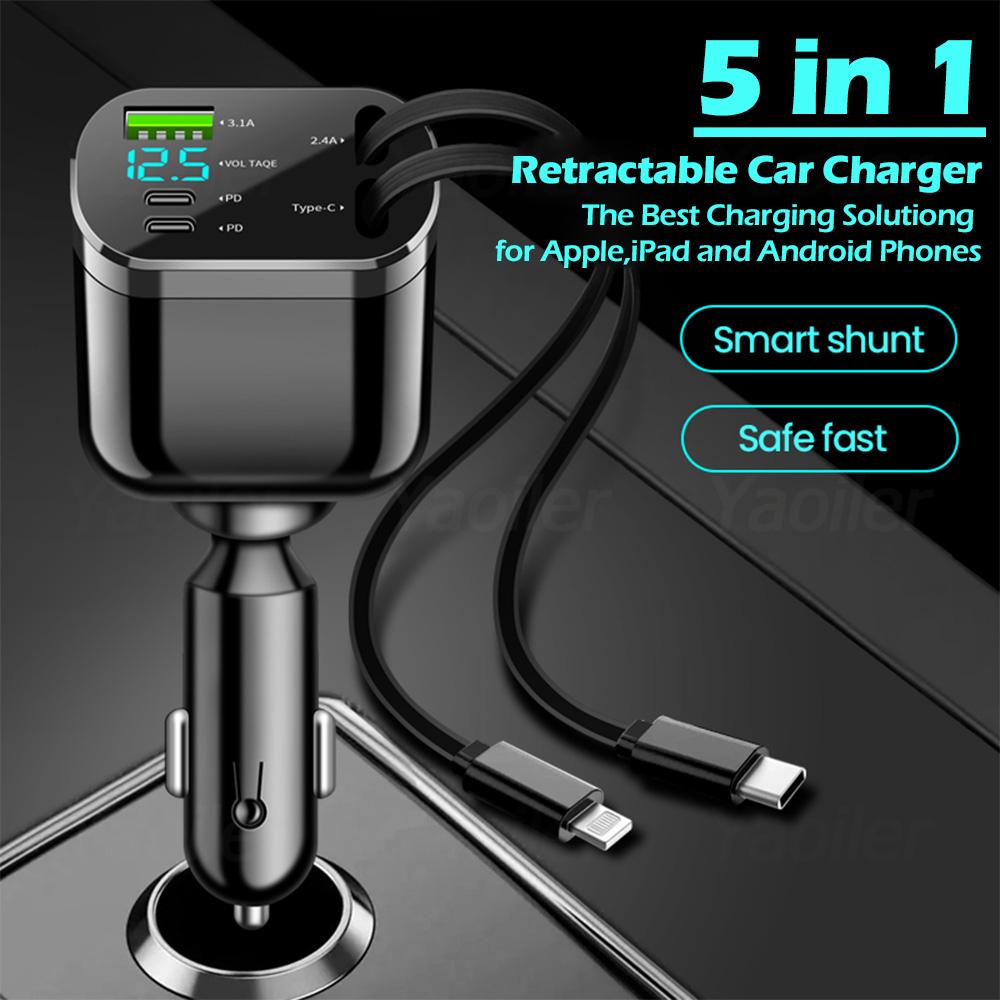 NEW 5-IN-1 100W Retractable Car Charger Mobile Phone USB PD Type C Cable for IPhone Fast Charge Cord Car Socket Adapter