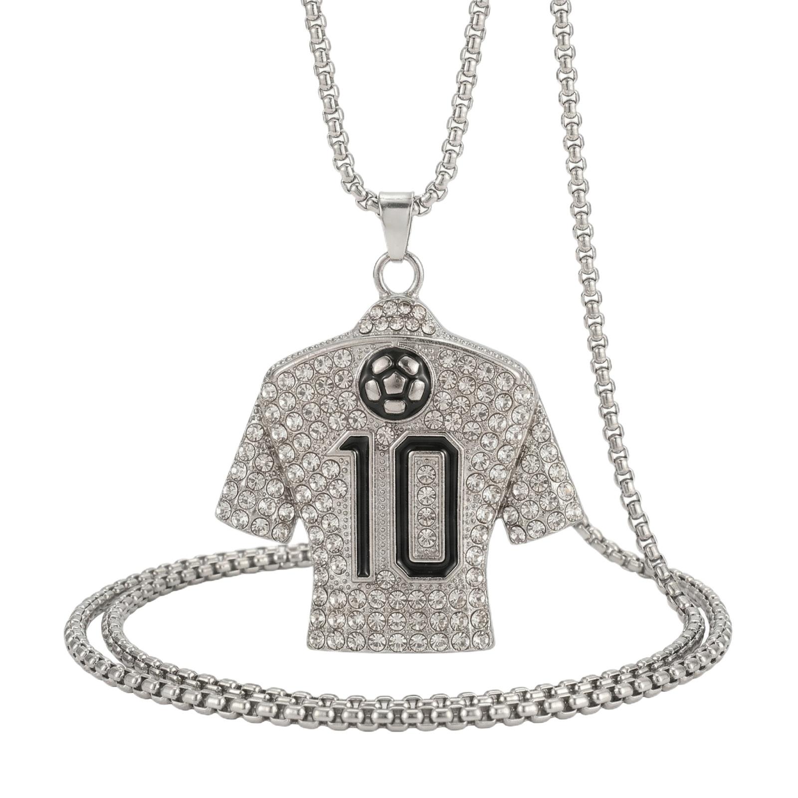 Stainless Steel Soccer Jersey Pendant Necklace with Number 10 and Soccer Ball Design Featuring Rhinestone Embellishments Durable Chain for Sports Fans One Size серебряный