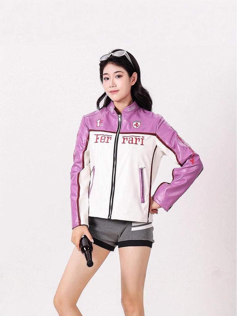 Women's Racing-Style PU Leather Motorcycle Jacket, Small Size - Trendy European and American Winter Outerwear