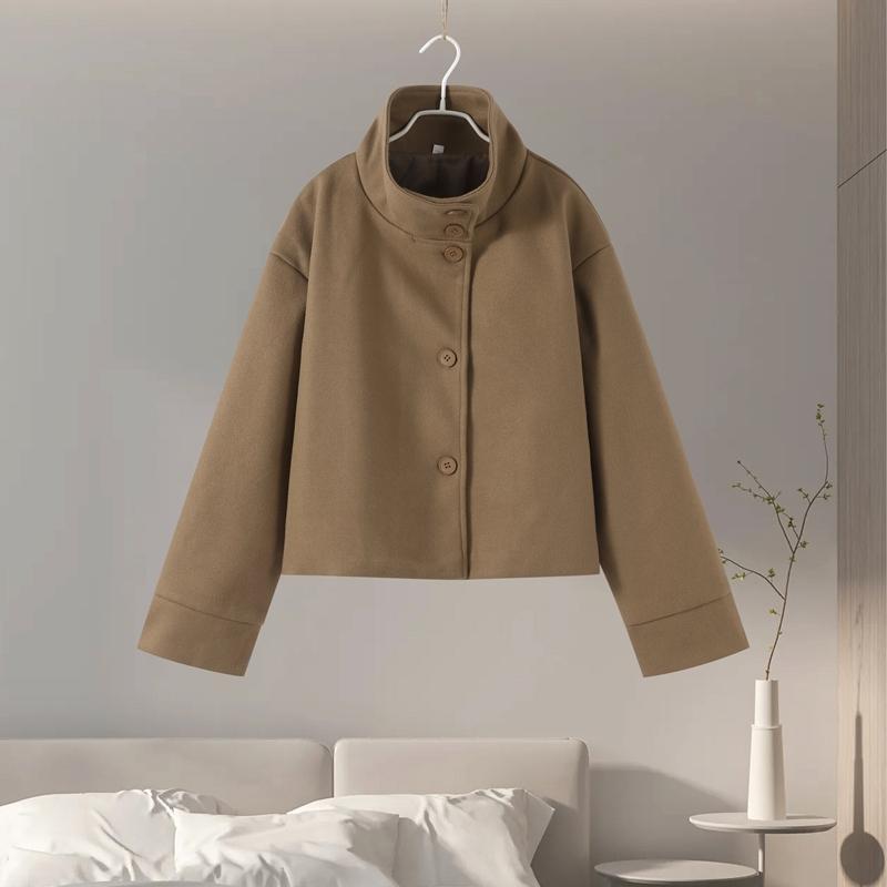 2025 Autumn Jackets Women Casual Loose Stand Neck Long Sleeve Single Breast Short Jacket Fashion Solid Lady Warm Outwear