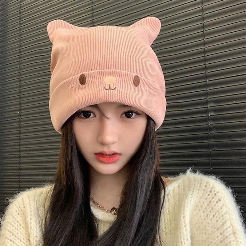 

Милая вязаная шапка с вышивкой кошки, уличная теплая защита ушей, шерстяная шапка с кошачьими ушками, шапка-бини, шапочка-пенни розовый