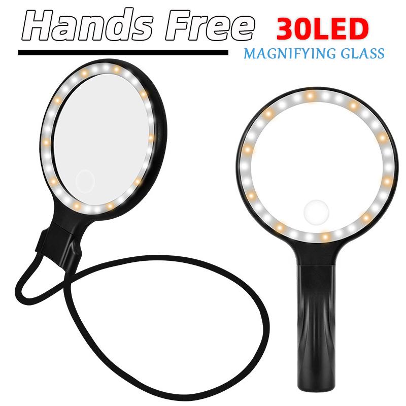 2 In 1 Hands Free Magnifying Glass With 30 Led Lights Portable Handheld & Neck Wear Magnifier For Reading Sewing Handicraft