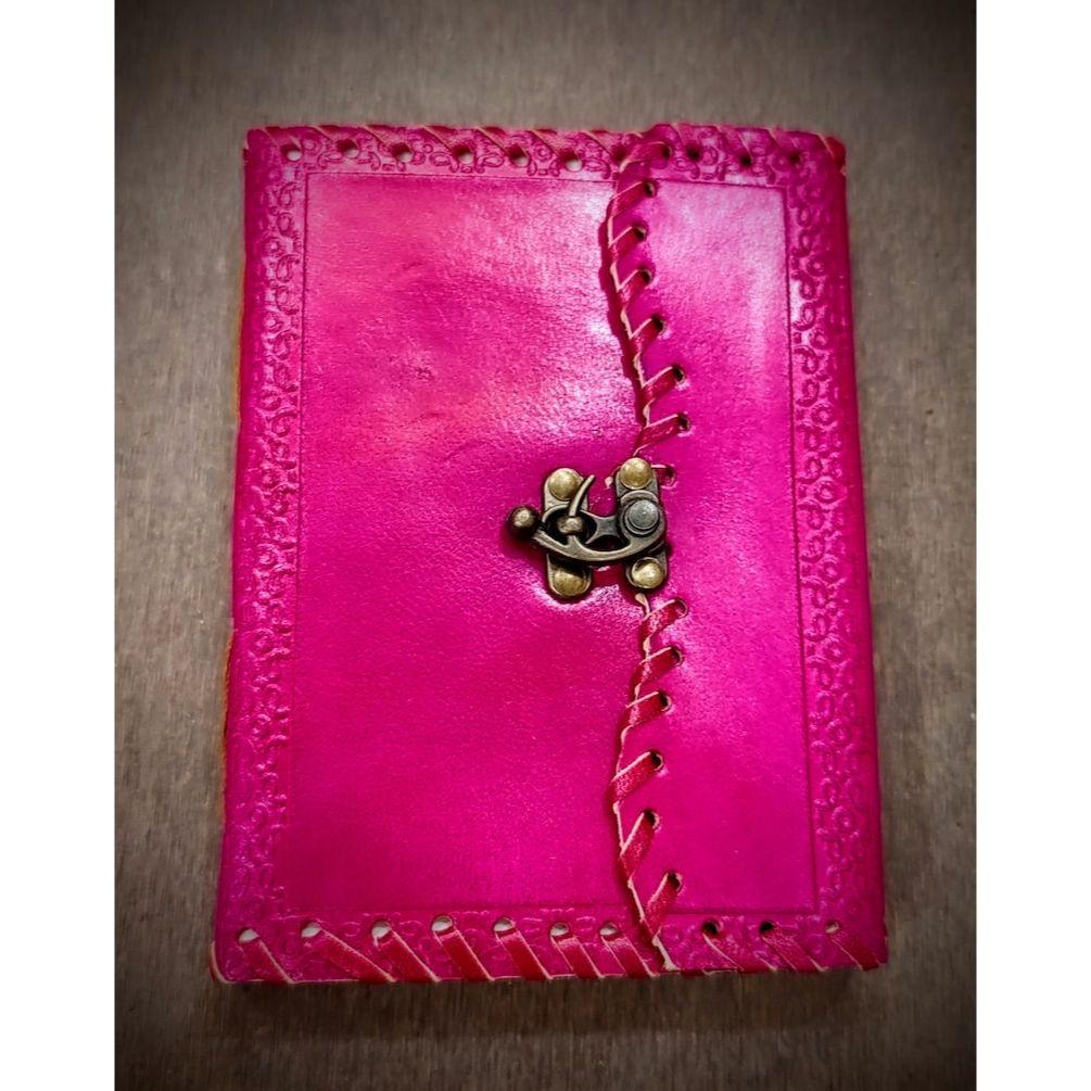 Pink Colored Handmade Leather Bound A5 Sized Journal - 200 Thick Unlined Recycled Refillable Pages - Unisex Hand Stitched Writing Notebook