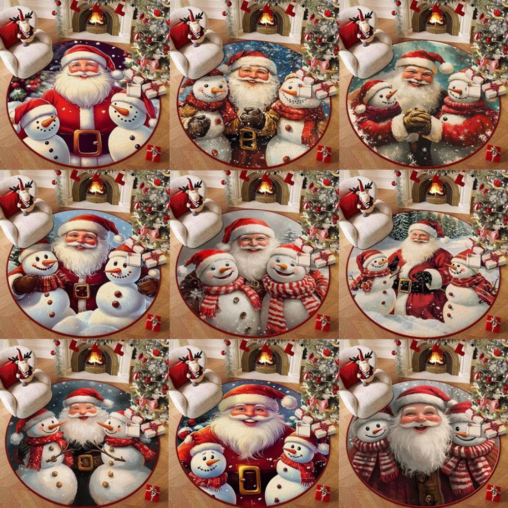 Polyester Christmas Round Mat Snowman Cartoon Anti-Slip Round Rug Snowflake Print Decorative Floor Rugs Winter Season