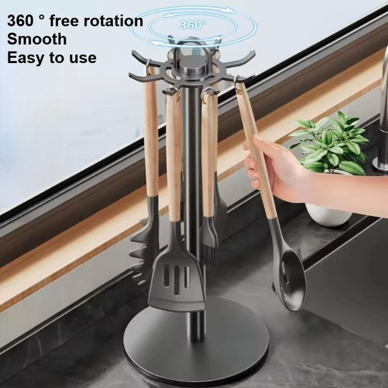 360° Rotating Kitchen Utensil Stand with 8 Hooks Countertop Cooking Utensils Storage Organizer Space-Saving Storage for Kitchen
