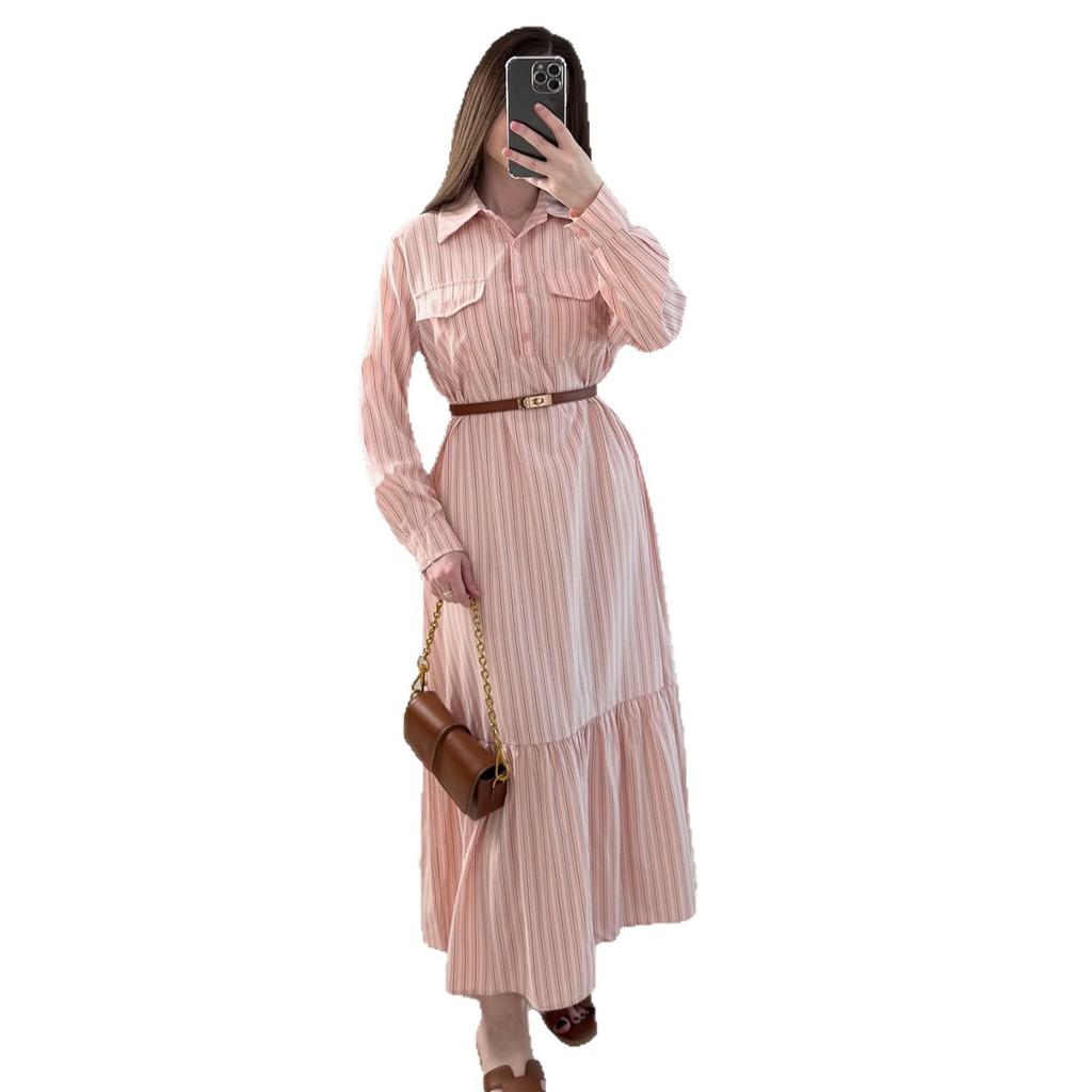 European and American Women's Clothing 2026 Summer New Temperament Commuting Daily Striped Shirt Collar Belt Waist Dress