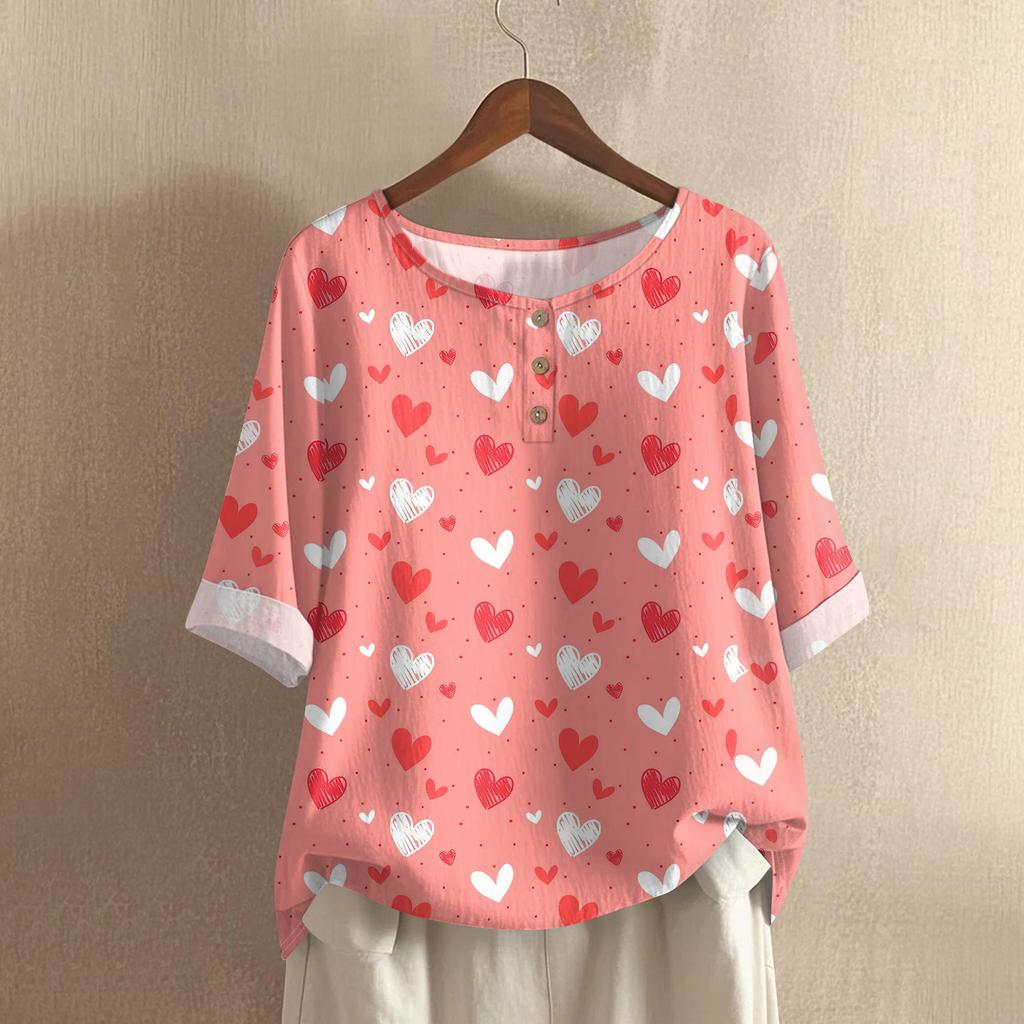 Damska Casualowa Bluzka z Krótkim Rękawem, Okrągłym Dekoltem i Nadrukiem Walentynkowym, Mieszanka Bawełny i Lnu