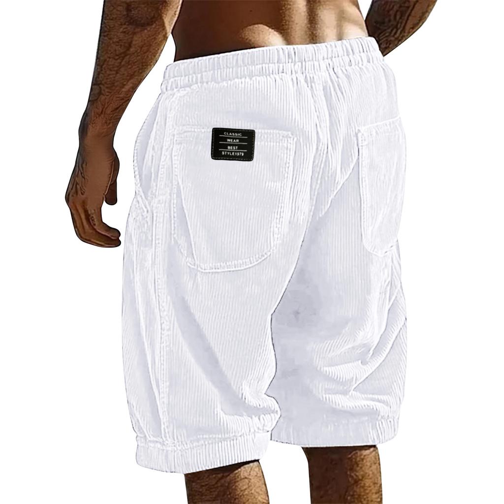Mens Corduroy Shorts Relaxed Fit Elastic Waistband Patch Pocket Design Casual Knee Length Trousers for Everyday Wear