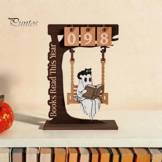 Unique Gift for Book Lovers Halloween Read This Year Counter, Funny Ghost Swing Wooden Ornament, Inspired Bookish Decor Gothic Reading Figurine